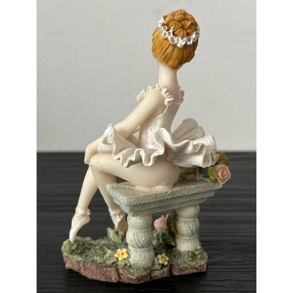 Resin Ballerina Figurine Sitting on Bench Adorned w/Flowers White Tutu Slippers - Picture 3 of 8